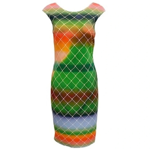 Akris Punto Green Multi Abstract Geometric Print Knee Length Dress US Sz 8 - Picture 1 of 5